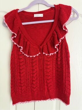 LC Lauren Conrad Red Knit Ruffle-Trim Button Front Top